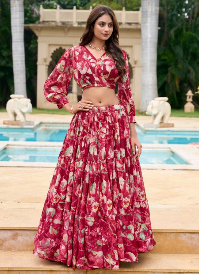 Georgette Maroon Traditional Wear Printed Ready To Wear Lehenga Choli